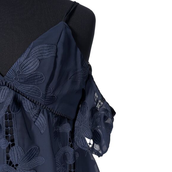 Lovers + Friends Revolve Wishful Dress Navy Blue Floral Embroidered Lace Mini XS - Picture 5 of 8